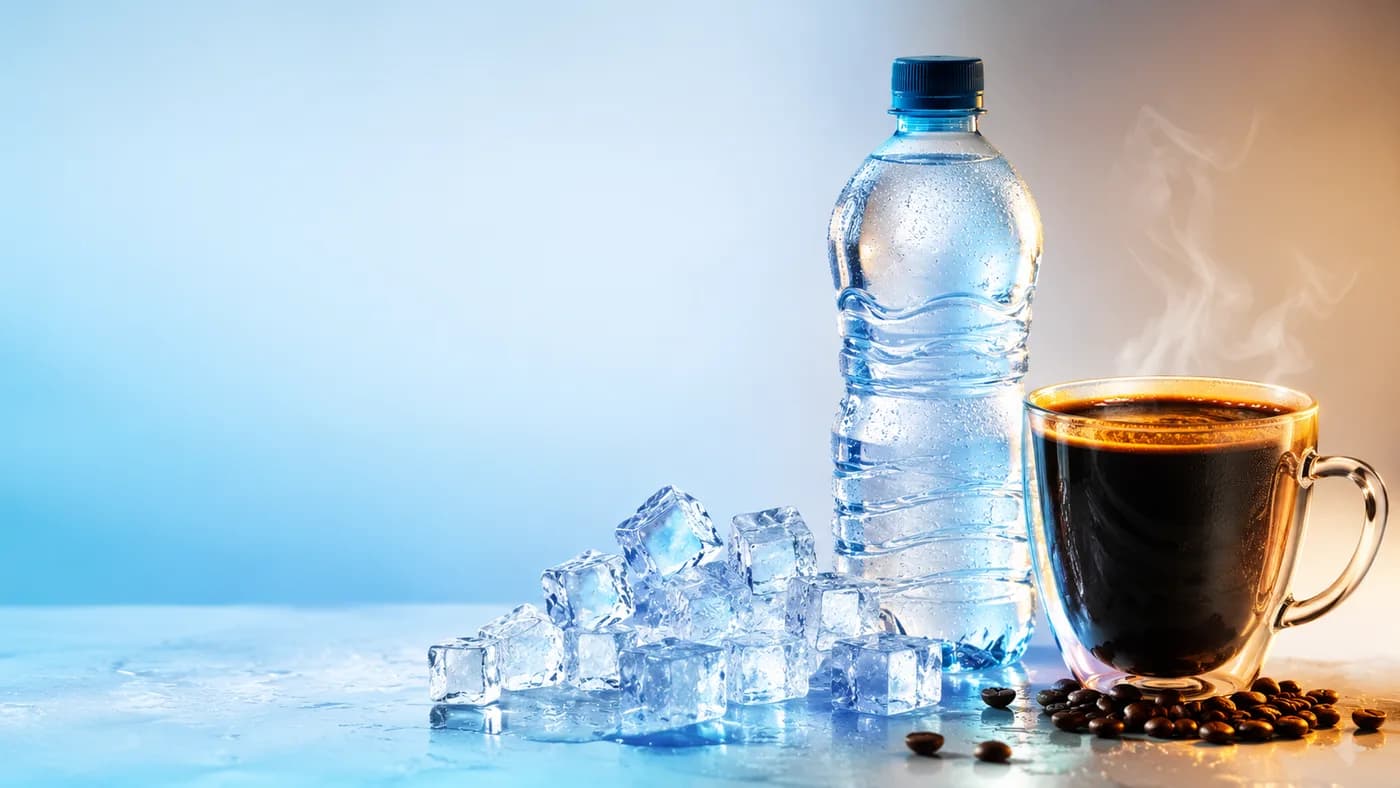 Bottled water, a heap of ice, and a fresh cup of coffee together — water, ice, and coffee from one local supplier.