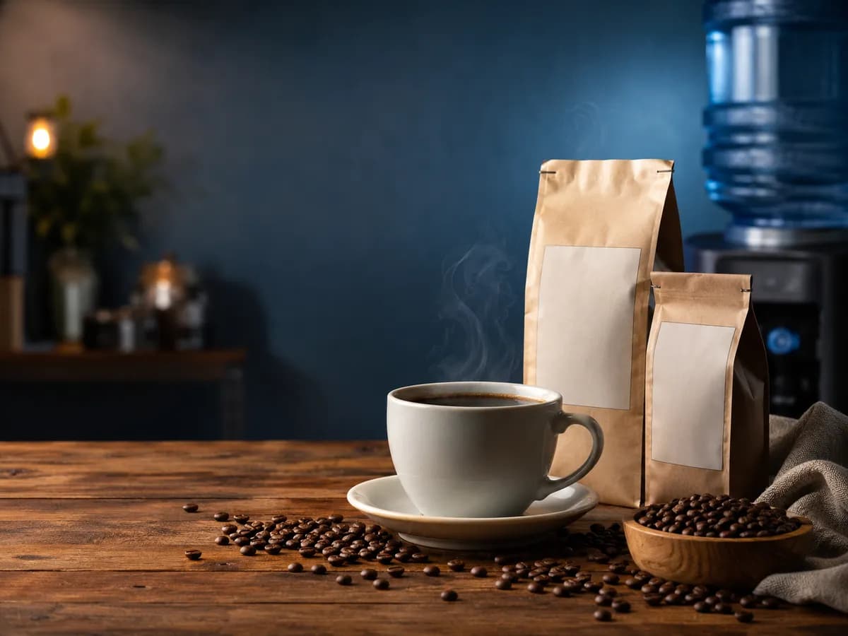 A fresh cup of coffee steaming beside house-brand coffee bags and scattered beans on a warm wooden counter.