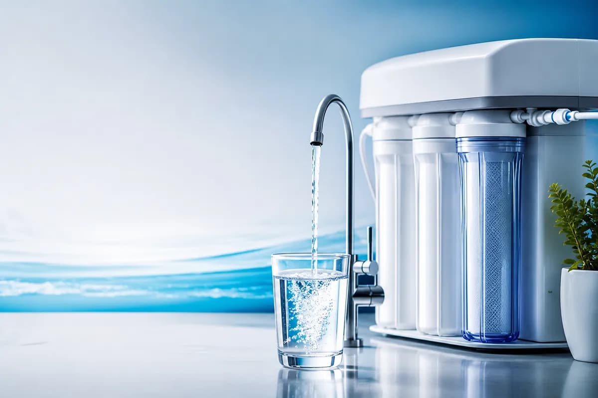 A multi-stage water filtration system filling a clear glass of water at a clean kitchen counter.