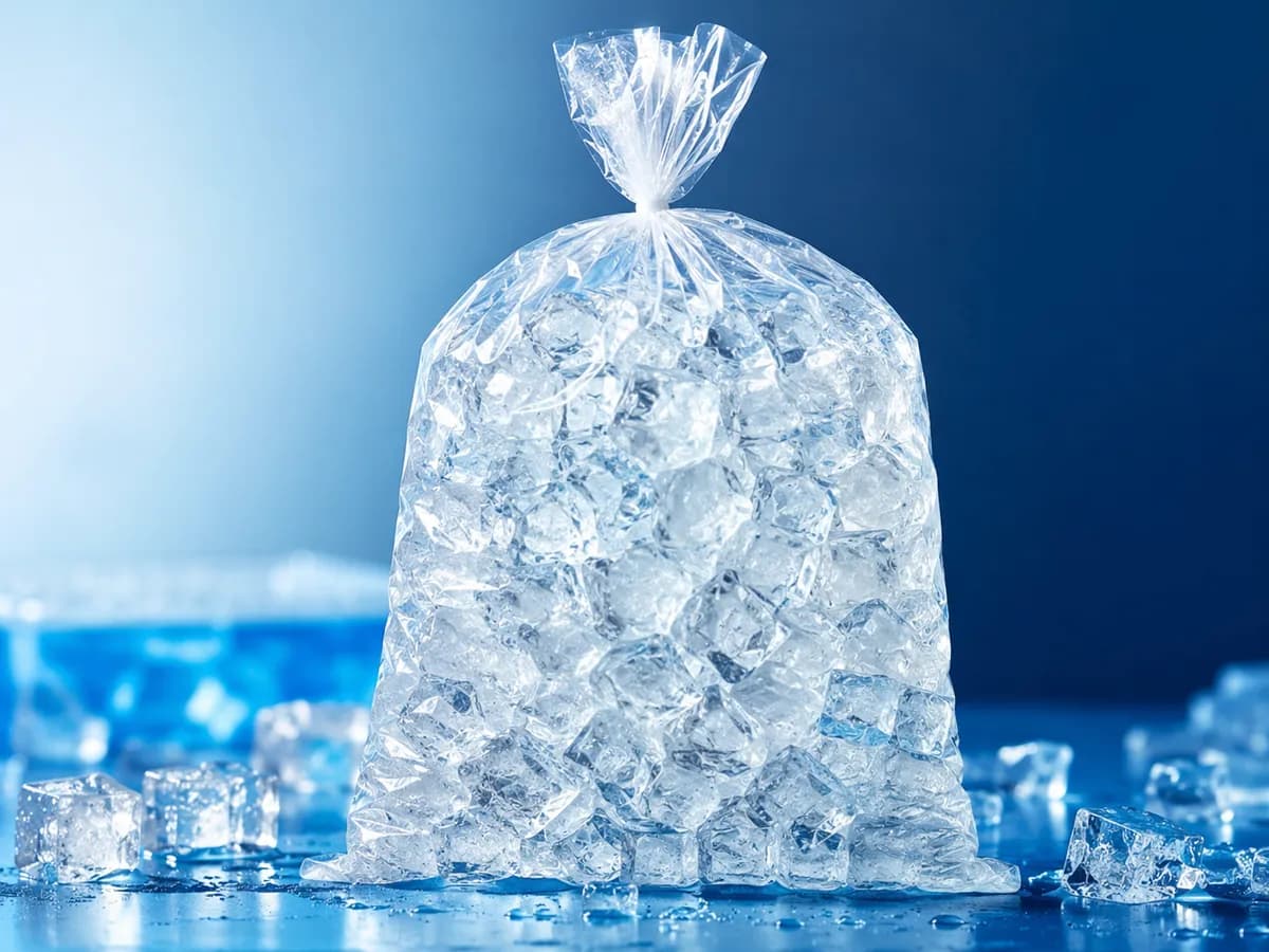 A crystal-clear bag of cubed ice on a cool blue background, surrounded by loose cubes.