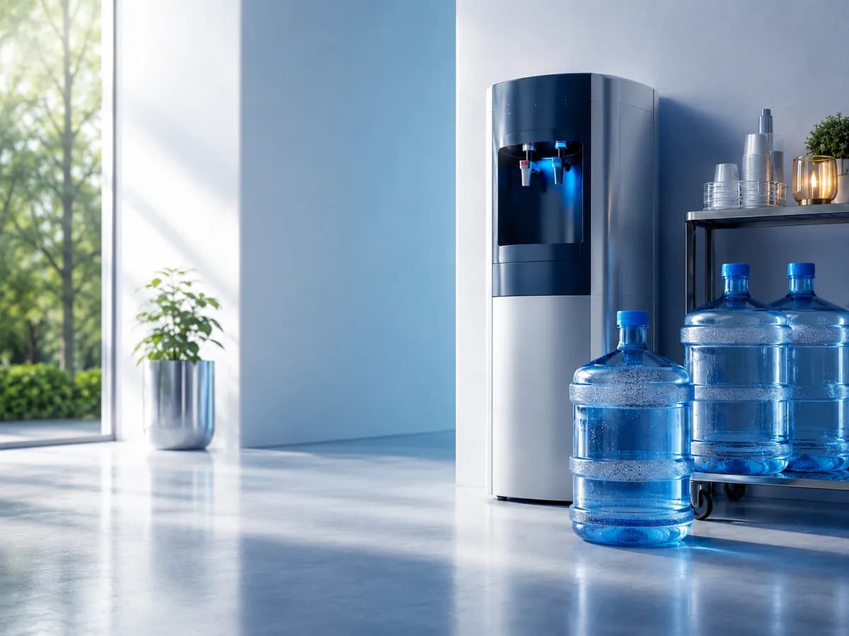 Bottled water cooler and full delivery jugs in a bright, sunlit office.